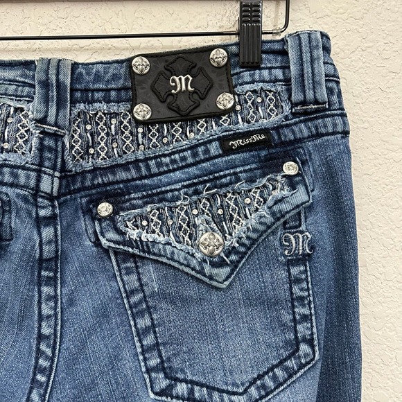 MISS ME Distressed Bootcut Jeans w Flap Pockets Rhinestone Gems #JP6122B - Picture 8 of 16